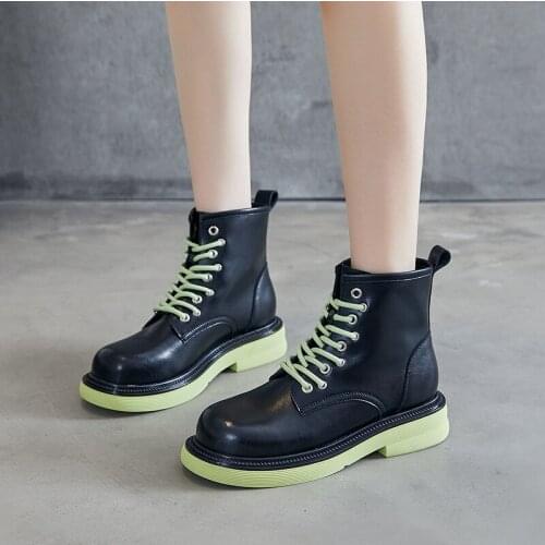 YSHUNIJ Boots Martin Boots Womens 2021 New Leather Lace Up Simple Spring and Autumn Thin Rubber Thick Soled Single Boot