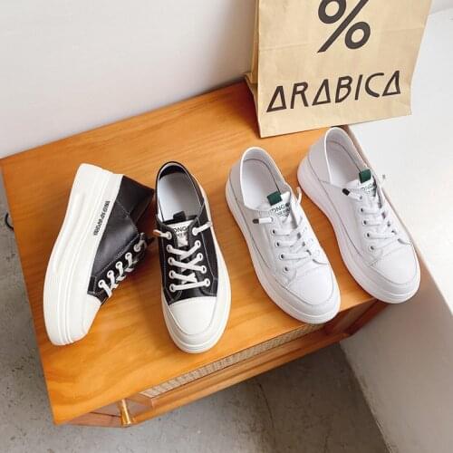 2021 Spring Autumn Japanese Style Cow Leather Leisure Round Toe Board Platform Women Shoes Lace-Up Mixed Colors Sneakers