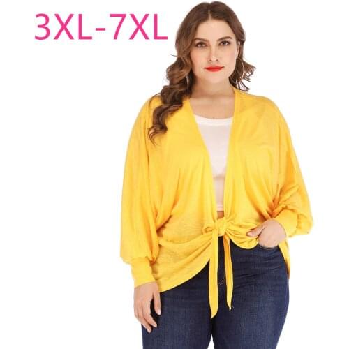 2021 new spring summer women plus size cardigan for women large casual loose long sleeve bow thin coats yellow 4XL 5XL 6XL 7XL
