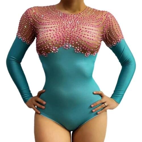 Sparkling Embellished Pink Diamond Hollow Out Women Bodysuit Longsleeve Stitching Jumpsuit Nightclub Dance Show Wear Stage Wear