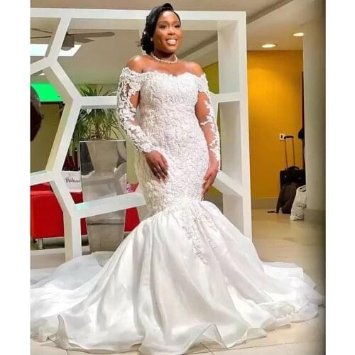 Off the Shoulder Mermaid Wedding Dress Plus Size Long Sleeve Lace Appliques Bridal Gowns Sweep Train Bride Dresses robes