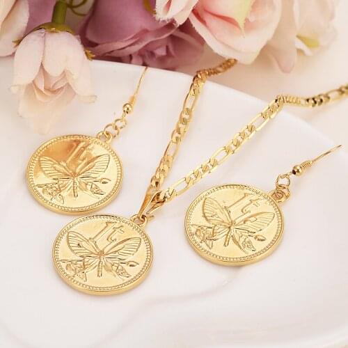 Gold jewelry Birdof Paradise Pendant Necklace earrings 1centcoin Women butterfly Papua New Guinea girls kids party Jewelry gift