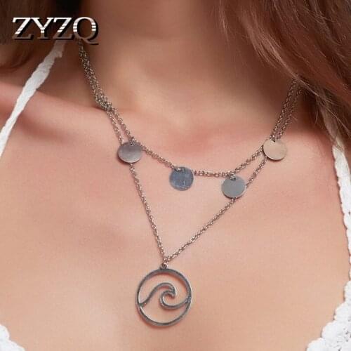 ZYZQ ins Creative Double Layer Wave Disc Pendant Necklace For Women Personality All-match Clavicle Chain Fashion Jewelry 2021