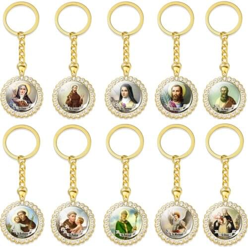 1pc Son of God Jesus Keychain Christian Virgin Mary Glass Cabochon Jewelry Pendant Keyring St Michael Clare Religion Gifts