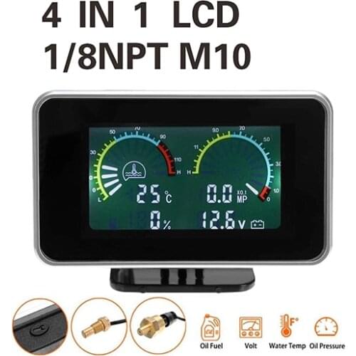 NEW 12v 24v 4in1 LCD Car Digital Gauge Oil Voltage Pressure Fuel Water Temp Meter M10 12V24V NPT 8/1 component