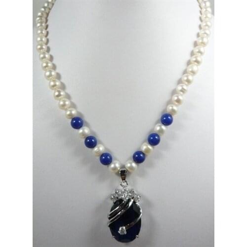 Womans noble jewelry white pearl&blue jades + necklace