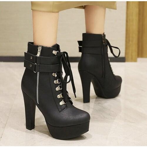 Fashion Zipper Platform Shoes Women Corss Tied Square High Heel Ankle Boots Ladies Autumn Winter Round Toe Motorcycle Boots