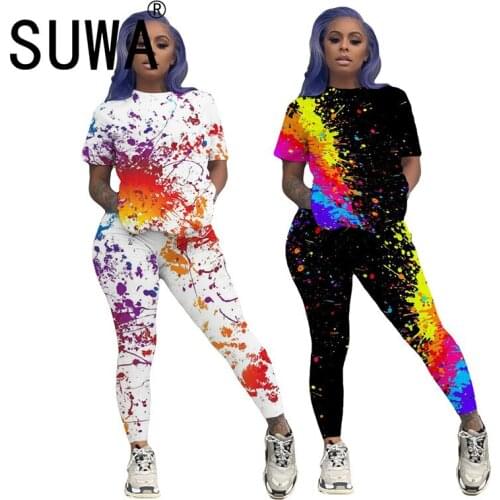 Splash Ink Print Women Set O Neck Short Sleeve 2 Pieces Pant Set Ladies Two Pieces Tracksuit Outfits