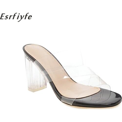 ESRFIYFE 2019 New Summer Women Slippers Fashion PVC Transparent Heel Shoes Woman Square Heel Open Toe Shallow Shoes Footwear