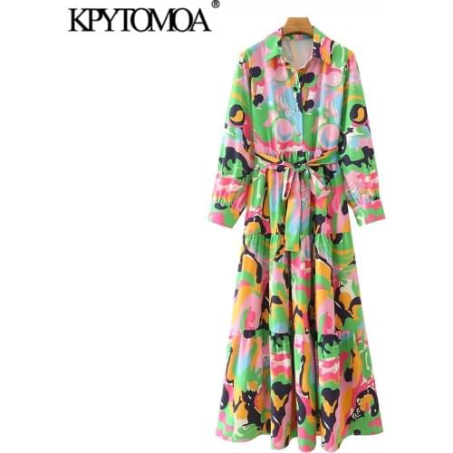 KPYTOMOA Women 2021 Fashion With Belt Floral Print Midi Shirt Dress Vintage Long Sleeve Button-up Female Dresses Vestidos Mujer