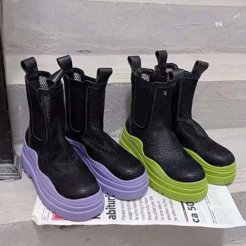 Summer Womens Chelsea Boots Trendy Hollow Breathable Genuine Leather Height Increase Woman Shoes Mixed Colors Women Boots New