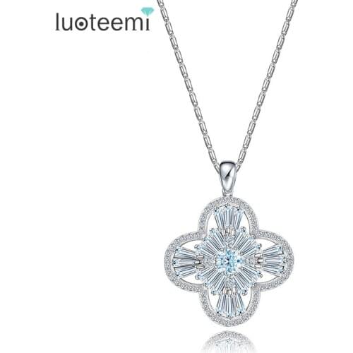 LUOTEEMI New Vintage Simple Fashion White Gold-Color Flower Shape Cubic Zircon Pendant Necklace for Women Daily Wear Jewelry