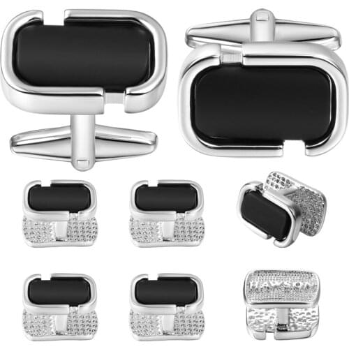 HAWSON New Cufflinks Studs Set for Mens Tuxedo Shirt Fashion Black Enamel Cuff Button with HAWSON LOGO Best Gifts for Wedding