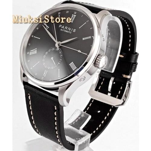 Mens luxury brand PARNIS 42mm GMT black dial stainless steel case leather Sea gull automatic mechanical sport watch