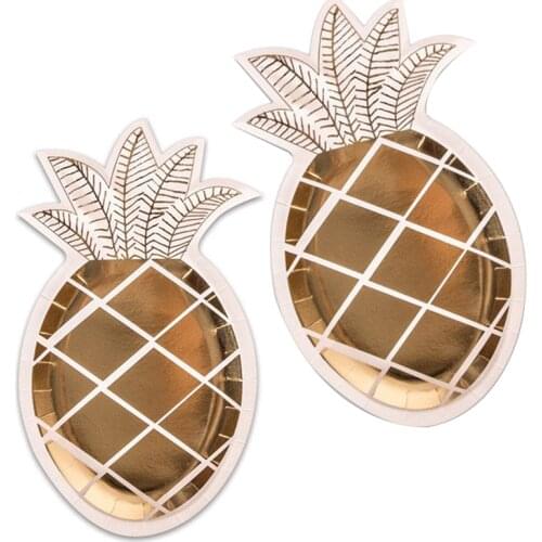 8pcs Gold Foil Disposable Tableware Pineapple Paper Plates Straw Tropical Theme Party Decor Birthday Wedding Supplies