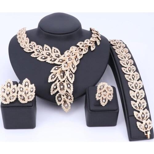 OUHE Jewelry Sets For Women Fine Crystal Necklace Set African Beads Earrings Bracelet Ring Gold Color Wedding Dress Accessories