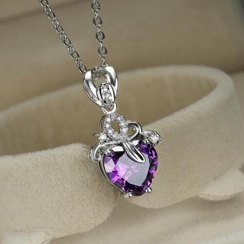 Blaike Exquisite Purple Heart AAA CZ Zircon Pendant Necklace For Women White Gold Color Wedding Necklace Birthstone Jewelry