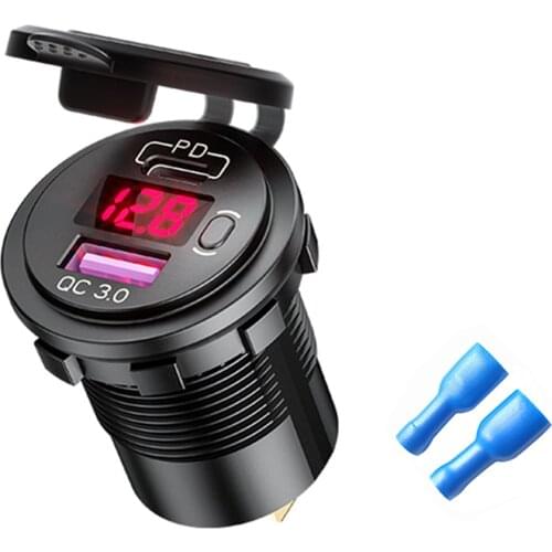 P21-B Car Motorcycle Dual USB Charger Quick Charge QC3.0 PD USB Fast Charger Socket Power Outlet Adapter w/Switch for Boat Truck