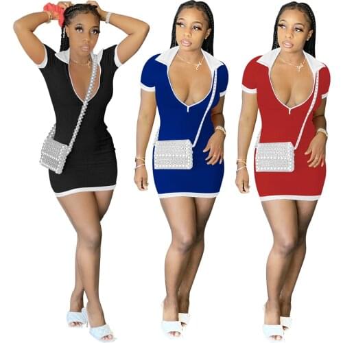 Echoine Short Sleeve Ribbed Turn Down Collar Zipper V-neck Skinny Mini Dress Ladies Sexy Bodycon Party Night Clubwear Sundress