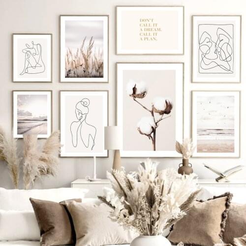 Nordic Poster Beach Reed Cotton Calm Ocean Couple Line Draw Wall Art poster Print Canva Painting Pictures For Living Room decor