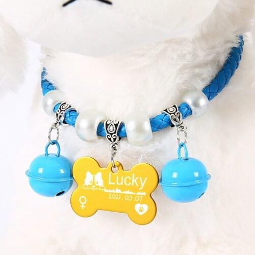 Dog Four Pearls Bell Adjustable Collar, Cat ID Card Customization, Double-sided Lettering, Anti-lost Pet Fish-shaped Round Brand