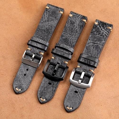 Grey Leather Watchband 18 19 20 21 22MM Soft Top Layer Leather Bracelet, Retro Style Mens Bracelet