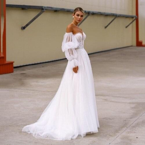 Boho Wedding Dress A-Line Strapless Detachable Puff Sleeves Tulle Lace Pleated V-Neck Bohemian Wedding Gown Sweetheart Neck