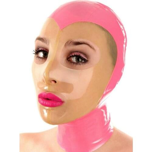 Unisex Pink Transparent Fetish Latex Hood Mask for Catsuit Cosplay Party