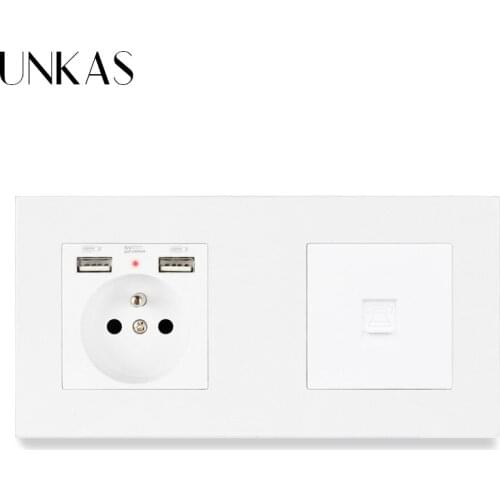 UNKAS French Standard Electric Socket with 2 USB Charge Port +1 Gang RJ11 Telephone Connector PC Plastic Panel 172*86mm