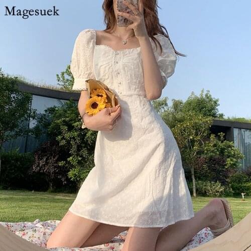 Vintage Elegant Lace Sundress Women Embroidery Square Collar Floral Summer Dress Puff Sleeve Casual Korean Party Dress 15338
