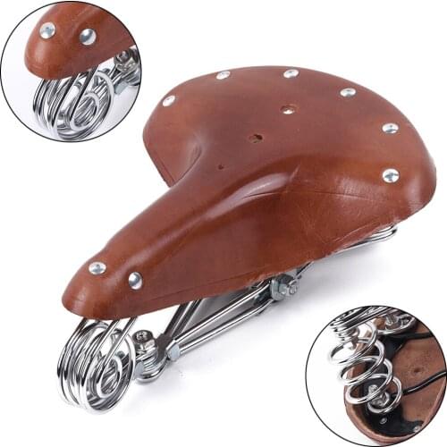 Vintage Retro Leather Bicycle Bike Cycle Cowhide Saddle Seat Spring Comfort Seat With Quick Installation Wrench