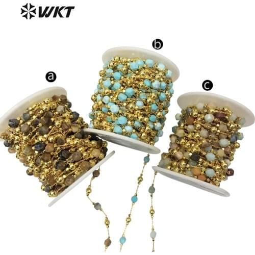 WT-RBC134 New ! Natural stone beads Chain round faceted beads in Gold Electroplated Rosary Chain 10 meters For Jewelry Making