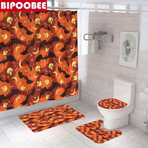 Funny Halloween Shower Curtain Spider Bat Skull Orange Fabric Bathroom Curtains Non-Slip Rugs Toilet Lid Cover and Bath Mat