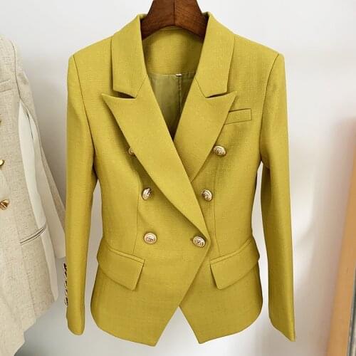 TOP QUALITY Newest 2021 Classic Designer Jacket Womens Lion Buttons Double Breasted Slim Fit Textured Blazer Color Mustard