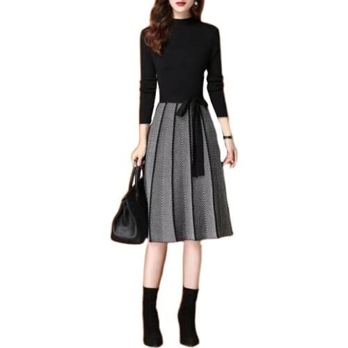 Ladies Elegant Slim Knitted Dress Women 2021 Autumn Winter New Mid-length Elasticity Knitted Base Thick Sweater Dresses OK911