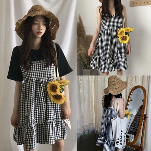 Girls Two-piece Plaid Sling Dress + T-shirt Female 2021 Summer New Student Korean Ladies Suit