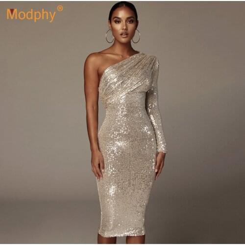 2021 Autumn New Fashion Sequin Dress Sexy One Shoulder Long Sleeve Bodycon Dress Female Club Celebrity Evening Party Vestidos