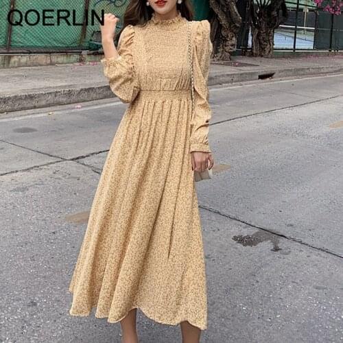 2021 Autumn New Korean Womens Long Sleeve Turtleneck Floral Chiffon Dress High Waist Elastic Waist Pleated Long Vestidos Mujer