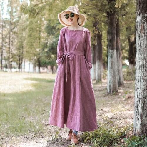 LZJN New 2020 Women Autumn Winter Dress Elegant Long Sleeve A-line Dress Mori Girl Jacquard Cotton Belt Waisted Long Dress