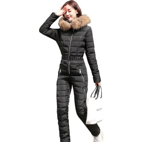 Winter Womens Ski Suit Cotton Puffer Jacket Set 2021 New Korean Warm Slim Jumpsuit Women Fur Collar Hooded Two-Piece Suits Body