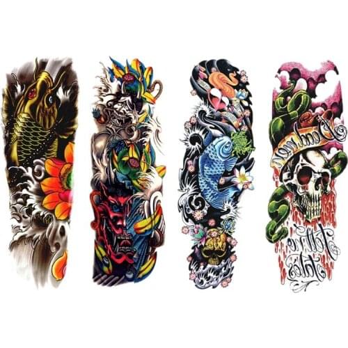 4Pcs/Lot Waterproof Temporary Tattoos Fish Skull Color Full Arm Mechanical Pattern Tattoos Applique Arm Full Arm Tattoos Sticker