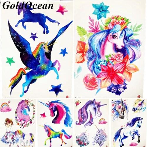 Watercolor Unicorn Pegasus Tamporary Tattoo Fairy Tale Cartoon Kids Lovely Xmas Gift Tattoo Stickers Children Star Flower Tatoos