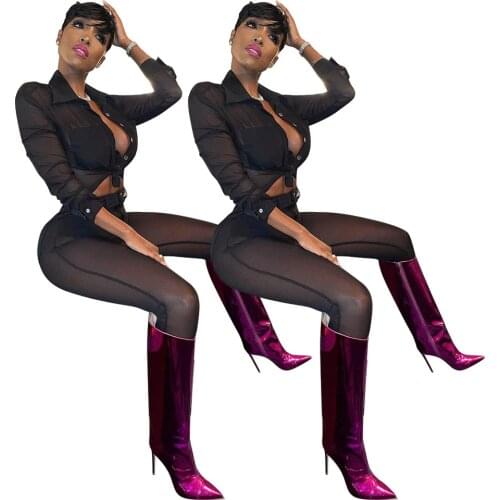 Black Sheer Mesh See Through Bodycon Two Piece Outfit Women Clothing Turn Down Collar Long Sleeve Blouse+skinny Pant Tracksuits