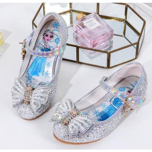 Disney Frozen Girls Party Shoes Princess Sandals Leather Glitter Crystals Rhinestones Knot Kids Shoe Elsa Sneaker Christmas Gift