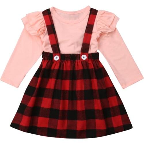 Toddler Kids Baby Girl Clothing Sets Plaid Suspender T-Shirt Tops Strap Skirt 2pcs Outfits Autumn Spring Children Girl Clothes