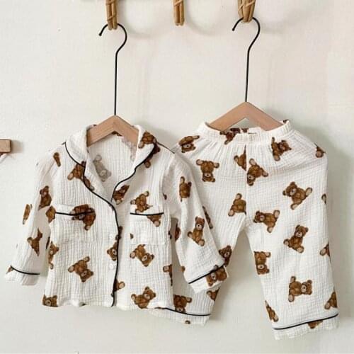 2021 Autumn New Baby Boy Long Sleeve Clothes Set Cotton Bear Print Cardigan + Long Pants 2pcs Girl Pajamas Set Children Clothing