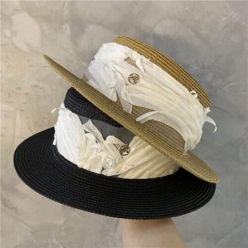 Summer Elegant Retro Women Flat Top Straw Hat Lace Ribbon Casual Caps Beach Sun Hats M Letter Vacation Cap Sombrero Playa Mujer