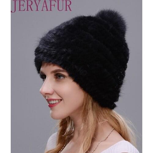 Hot sale real mink fur hat for women winter knitted mink fur beanies cap with fox fur pom poms hair accessories