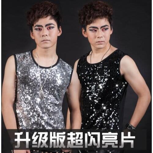Silver black summer style personality slim male paillette vest men punk rock costumes round collar singer dance stage fashion