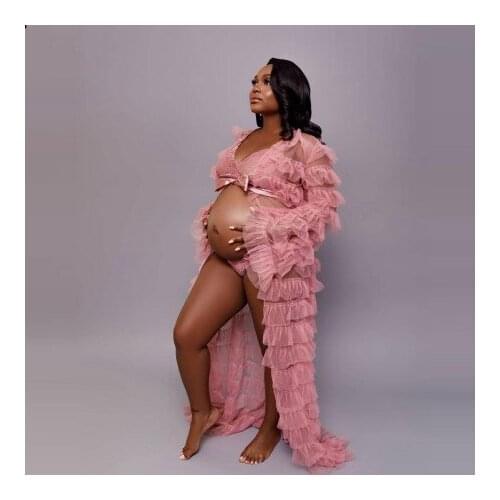 New In Designer Tiered Maternity Robes For Photo Shoot Long Sleeves Satin Bow Waistband Long Sheer Pleated Dresses